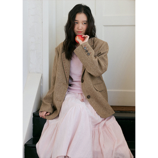 慵懒呢子秋 外套女法式 BLUEerror 手工缝线翻领羊毛卡其色毛呢西装