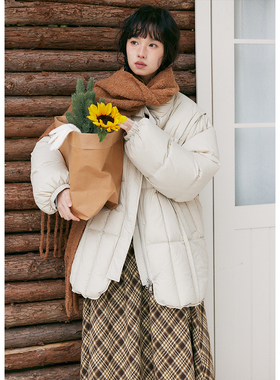 BLUEerror  分割线设计加厚紫色立领羽绒服女方格宽松保暖外套冬