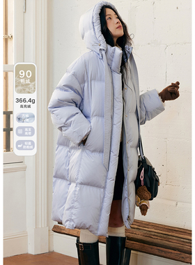BLUEerror  高充绒量连帽黑色长款羽绒服女宽松加厚保暖外套冬季
