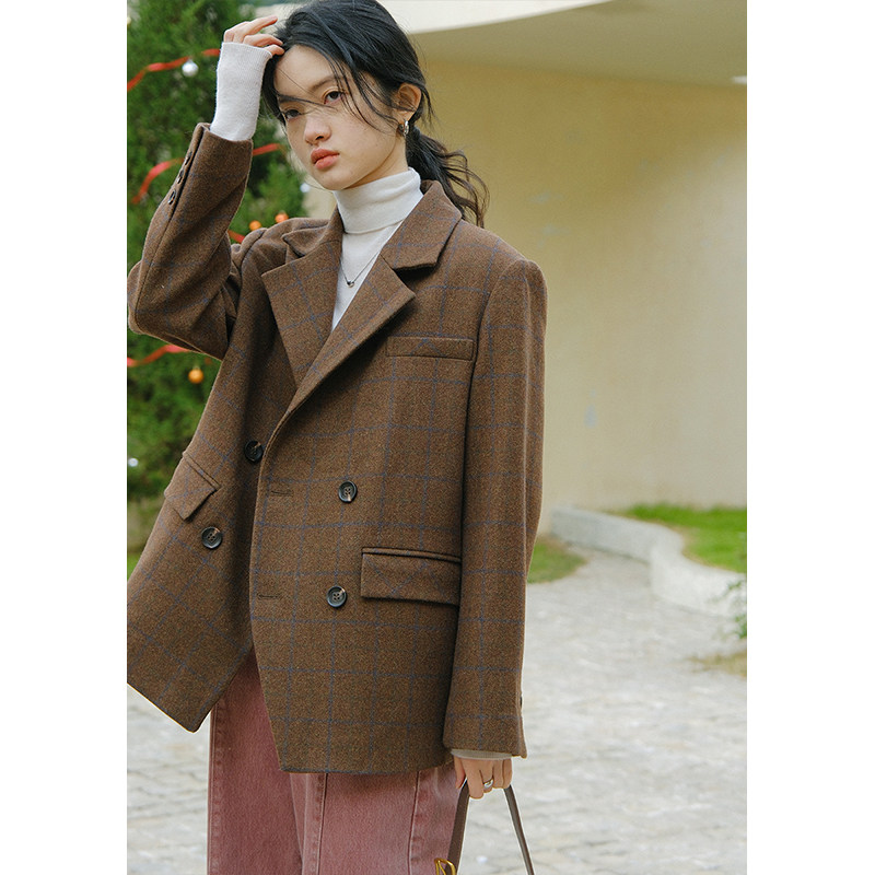 BLUEerror格纹毛呢西装外套