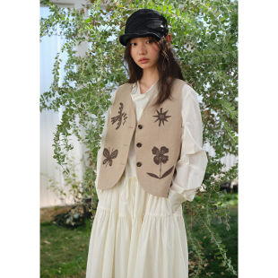 叠穿背心春季 v领马甲女亚麻法式 上衣 宽松贴布绣花短款 BLUEerror