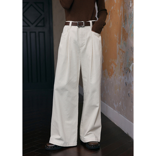 长裤 BLUEerror 秋季 女松弛休闲裤 宽松高腰纯棉白色灯芯绒直筒裤