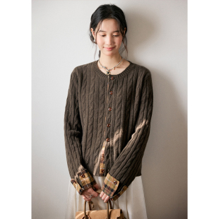 冬季 BLUEerror 针织衫 女慵懒短款 全羊毛绞花圆领撞色格纹毛衣开衫