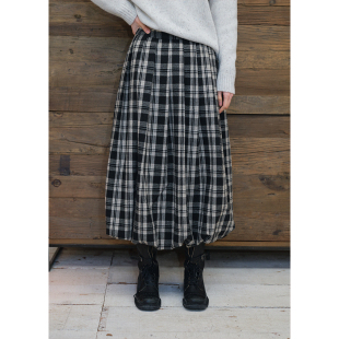 羊毛裙子冬季 BLUEerror 黑白格子花苞裙毛呢半身裙女加厚保暖长款