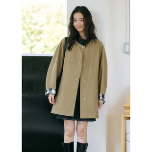 格子外套秋季 BLUEerror 正反两穿纯棉撞色立领卡其色风衣女法式