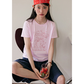 BLUEerror 上衣夏季 夏日独特闪粉印花圆领短袖 t恤女显瘦粉色短款