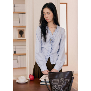女显瘦蓝色木耳衬衣秋季 衬衫 花边v领收腰纯棉条纹长袖 BLUEerror