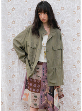 BLUEerror 莱赛尔垂感法式收腰绿色工装外套女宽松亚麻立领上衣春