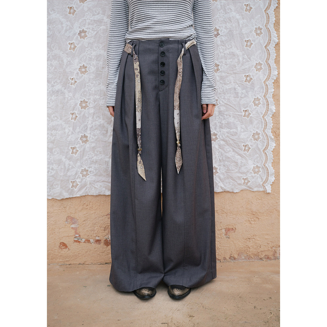 BLUEerror 高腰排扣绑带灰色西装裤女空气感拖地阔腿裤夏季长裤