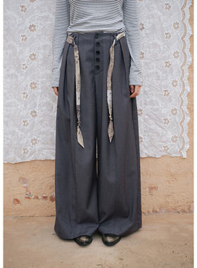 BLUEerror 高腰排扣绑带灰色西装裤女空气感拖地阔腿裤夏季长裤