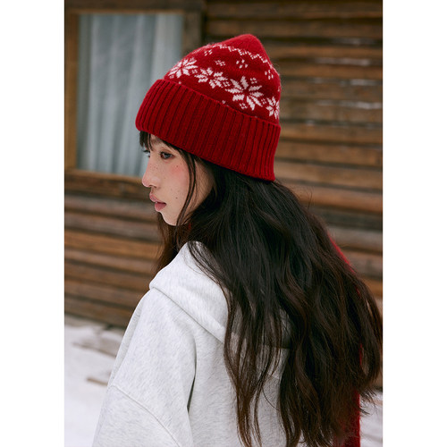 雪花提花保暖红色毛线帽
