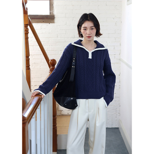 秋冬 宽松软糯翻领绞花毛衣女加厚羊毛针织衫 BLUEerror 慵懒随意