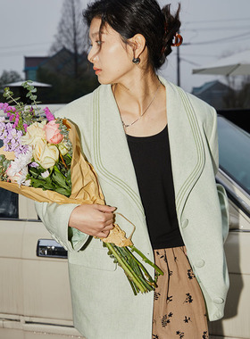 BLUEerror 宽松气质绿色长袖质感休闲西装外套女设计感西服夏季