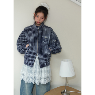 感翻领拉链格子夹克外套女宽松慵懒上衣早秋新款 BLUEerror 工装