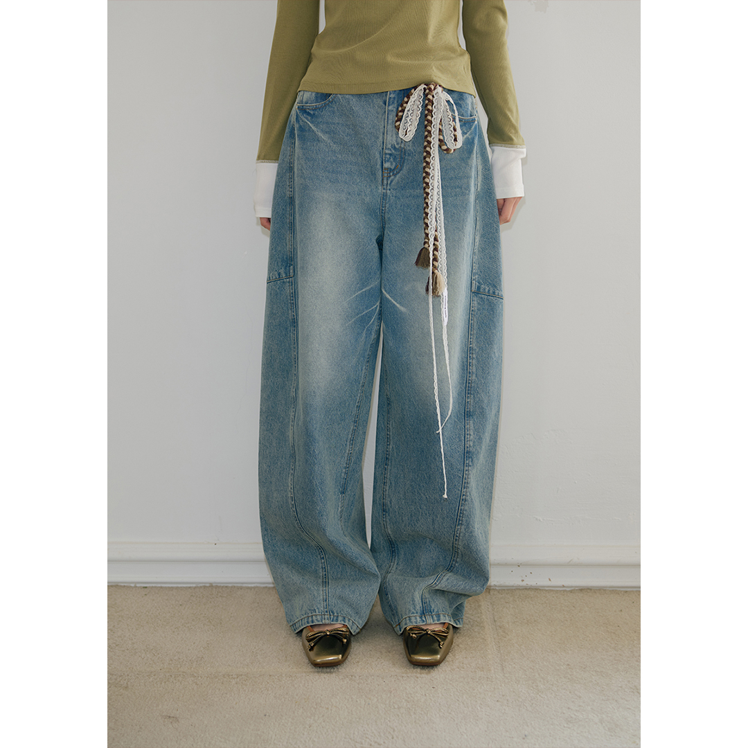 BLUEerror蓝色圆弧弯刀牛仔裤