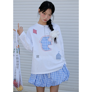 BLUEerror 宽松贴布绣图案白色短袖 T恤女慵懒气质纯棉上衣夏季