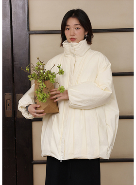 BLUEerror 纸感加厚保暖立领黑色轻薄羽绒服女鸭绒宽松外套冬季