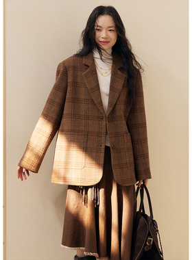 BLUEerror 宽松羊毛格子毛呢西装外套女百搭格纹棕色呢子外套秋冬