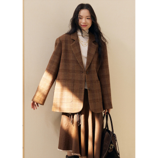 BLUEerror 外套女百搭格纹棕色呢子外套秋冬 宽松羊毛格子毛呢西装