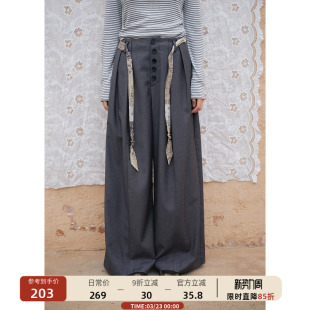 00新品 春季 长裤 女拖地阔腿裤 裤 高腰排扣绑带灰色西装