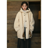 BLUEerror 羊羔毛保暖连帽中长款 毛绒皮草女毛茸茸皮毛一体外套冬