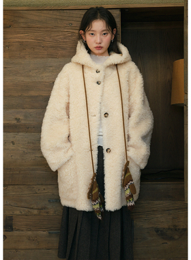 BLUEerror 羊羔毛保暖连帽中长款毛绒皮草女毛茸茸皮毛一体外套冬