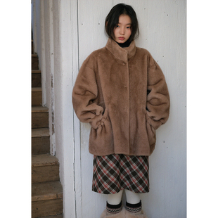 BLUEerror 仿银蓝貂毛绒立领保暖皮草女毛茸茸皮毛一体外套冬季