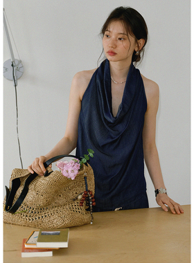 BLUEerror 莱赛尔荡领格子挂脖背心女宽松法式慵懒无袖上衣夏季