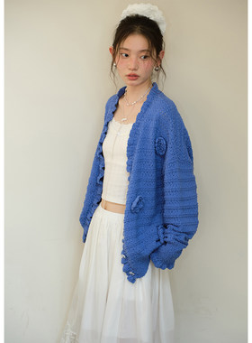 BLUEerror 手工钩花镂空v领针织开衫女慵懒外套立体花朵毛衣早秋