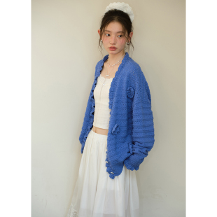 BLUEerror 女慵懒外套立体花朵毛衣早秋 手工钩花镂空v领针织开衫