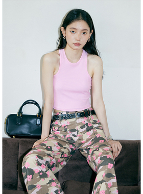 BLUEerror 修身显瘦针织短款工字背心女夏外穿轻薄透气粉色上衣