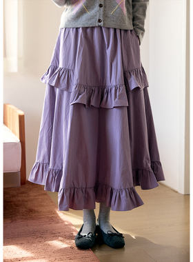 BLUEerror 纸感松紧腰花边紫色长款半身裙女法式宽松裙子秋冬伞裙