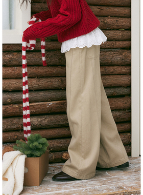 BLUEerror 高腰磨毛卡其色直筒牛仔裤女宽松拖地休闲长裤春季裤子