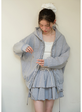 BLUEerror 宽松花边连帽纯棉长袖灰色卫衣女慵懒独特拉链外套早秋