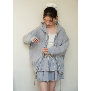 BLUEerror 灰色卫衣女慵懒独特拉链外套早秋 宽松花边连帽纯棉长袖