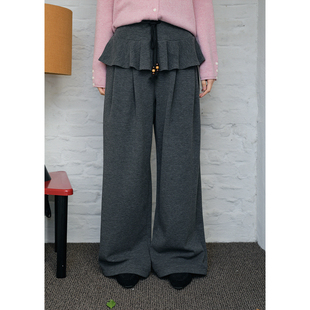冬季 BLUEerror 休闲长裤 女慵懒阔腿裤 宽松假两件裙边叠穿灰色卫裤