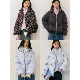 BLUEerror 轻盈羽绒服女休闲加厚保暖外套秋冬 双面穿立领蓝色短款