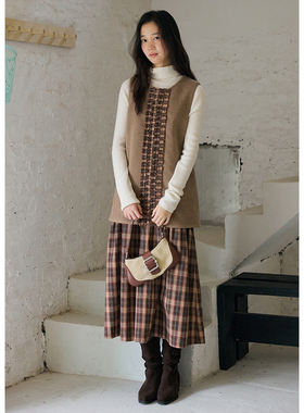 BLUEerror 假两件圆领毛呢背心连衣裙女慵懒羊毛保暖无袖长裙冬季