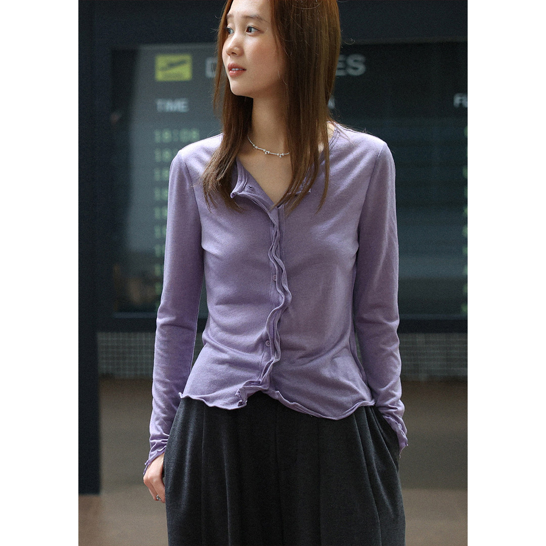 【秋冬新品9折】波浪花边羊毛圆领针织开衫女修身短款打底衫秋