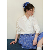 BLUEerror 抽绳格子衬衣早秋 女宽松短款 纯棉翻领花边白色长袖 衬衫