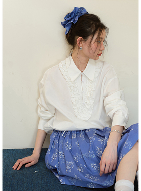 BLUEerror 纯棉翻领花边白色长袖衬衫女宽松短款抽绳格子衬衣早秋