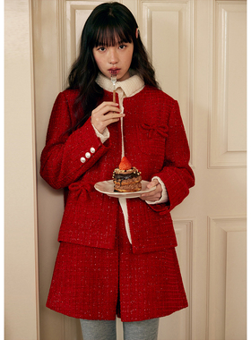 BLUEerror 新年红色蝴蝶结圆领小香风套装女休闲短款外套早秋上衣