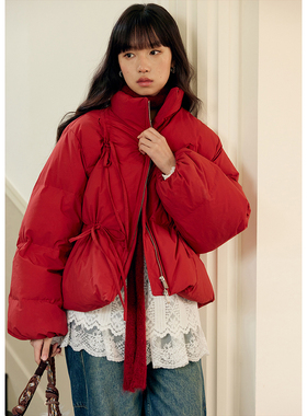 BLUEerror 新年款红色抽绳加厚短款羽绒服女宽松保暖外套冬季新款