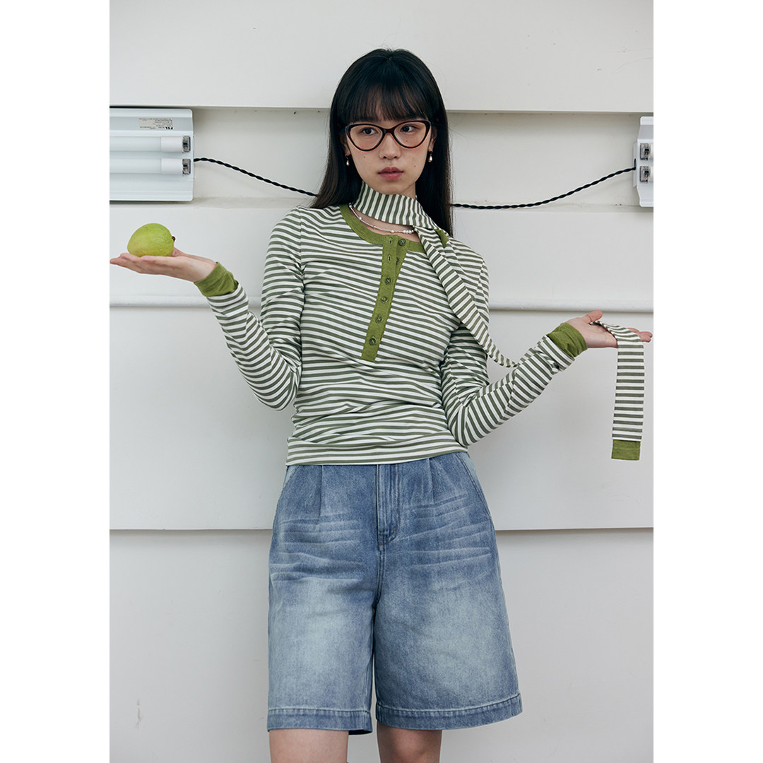 BLUEerror 修身显瘦围巾款复古条纹长袖t恤女撞色圆领打底衫春季,女装/女士精品,T恤,淘宝优惠券,粉丝福利购,淘宝优惠卷