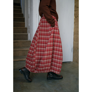 保暖裙子冬季 BLUEerror 圣诞红格子花苞裙毛呢半身裙女格纹长款