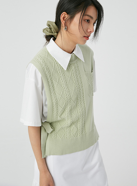BLUEerror 宽松绞花系带圆领针织马甲背心女休闲简约绿色马夹春