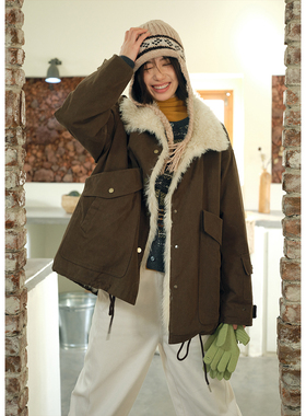 BLUEerror 毛领工装毛绒保暖皮草女毛茸茸派克服外套冬