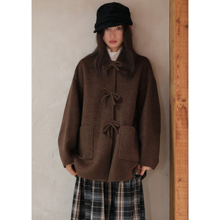 BLUEerror 毛呢外套女保暖棕色呢子大衣冬 立领蝴蝶结双面呢长款