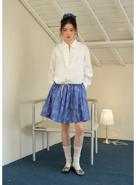 BLUEerror 高腰慵懒碎花蓝色半身裙女纯棉短款a字裙早春显瘦裙子