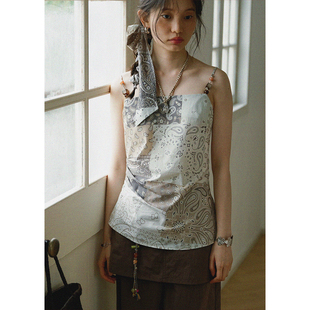 上衣夏季 饰条纹吊带背心女海边显瘦无袖 独特印花串珠装 BLUEerror